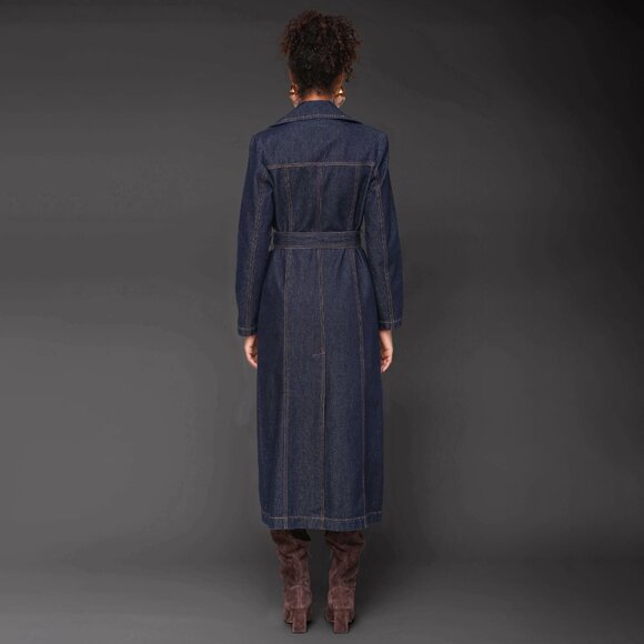 New Avec Les Filles Dark Denim Belted Utility Trench Coat XS $218 - Picture 5 of 8